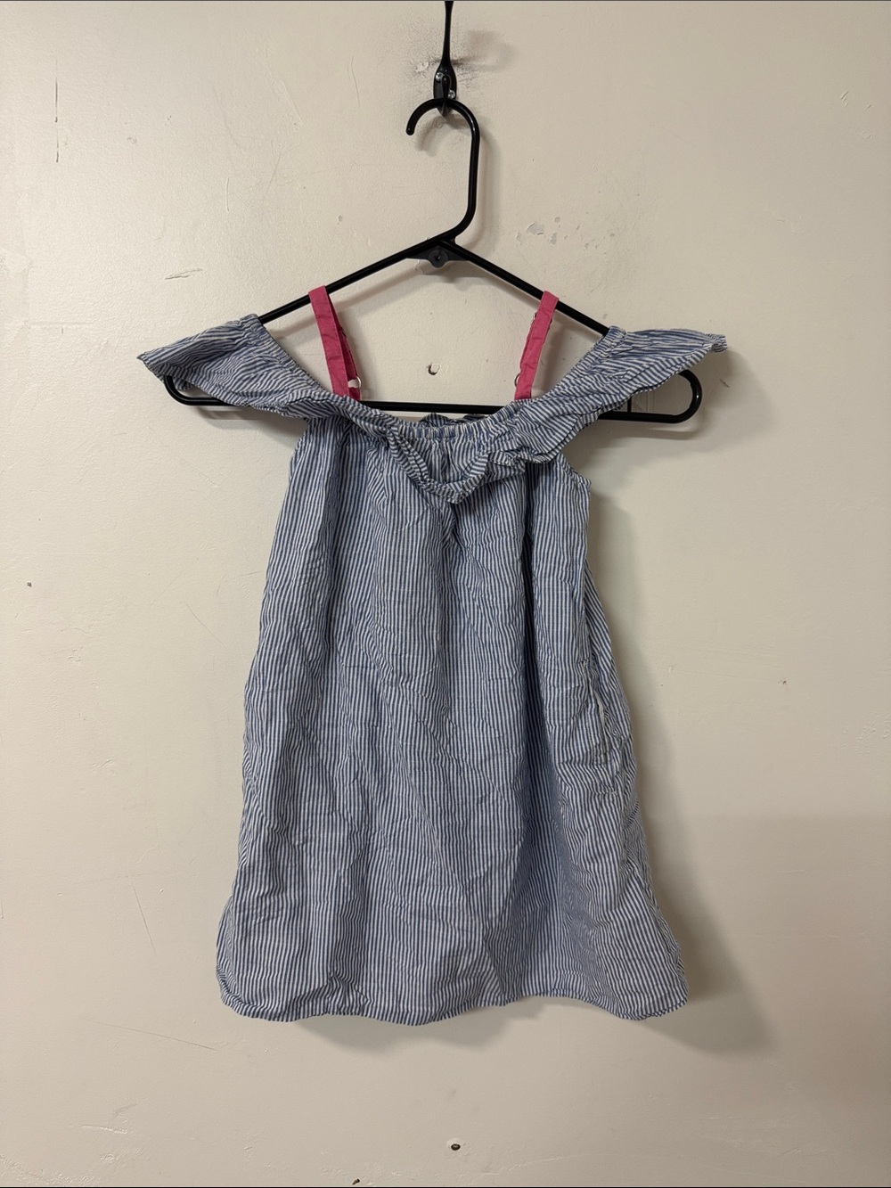 abercrombie kids Blue Pinstripe Off-Shoulder Top with Pink Straps